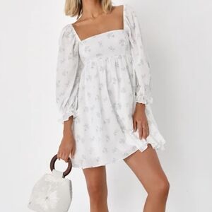 Lulus Always Charming White Floral Swiss Dot Babydoll Dress. (D7)